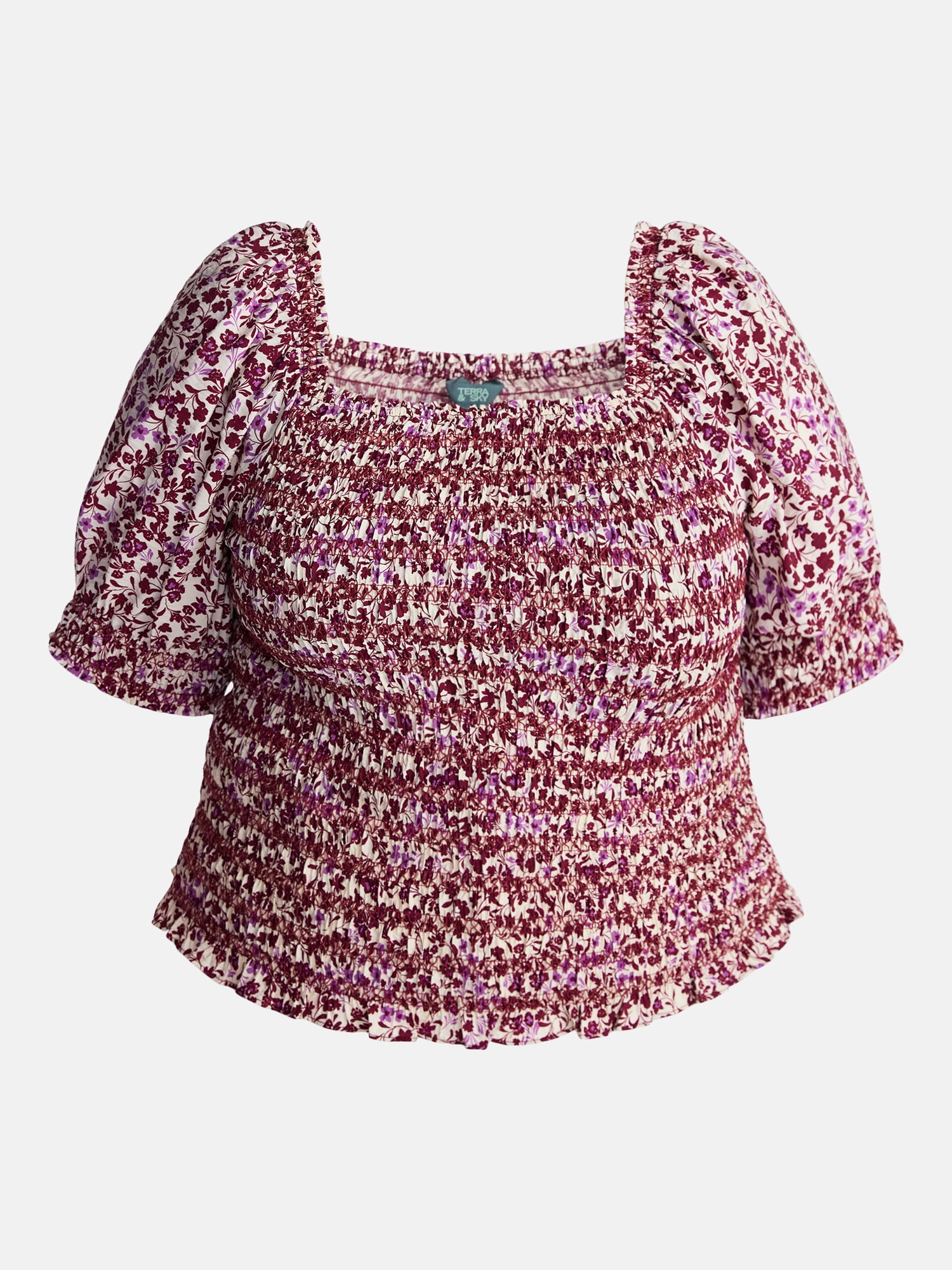 Terra and Sky Women’s Plus Smocked Blouse with Elbow Length Sleeves, Sizes 0X-4X