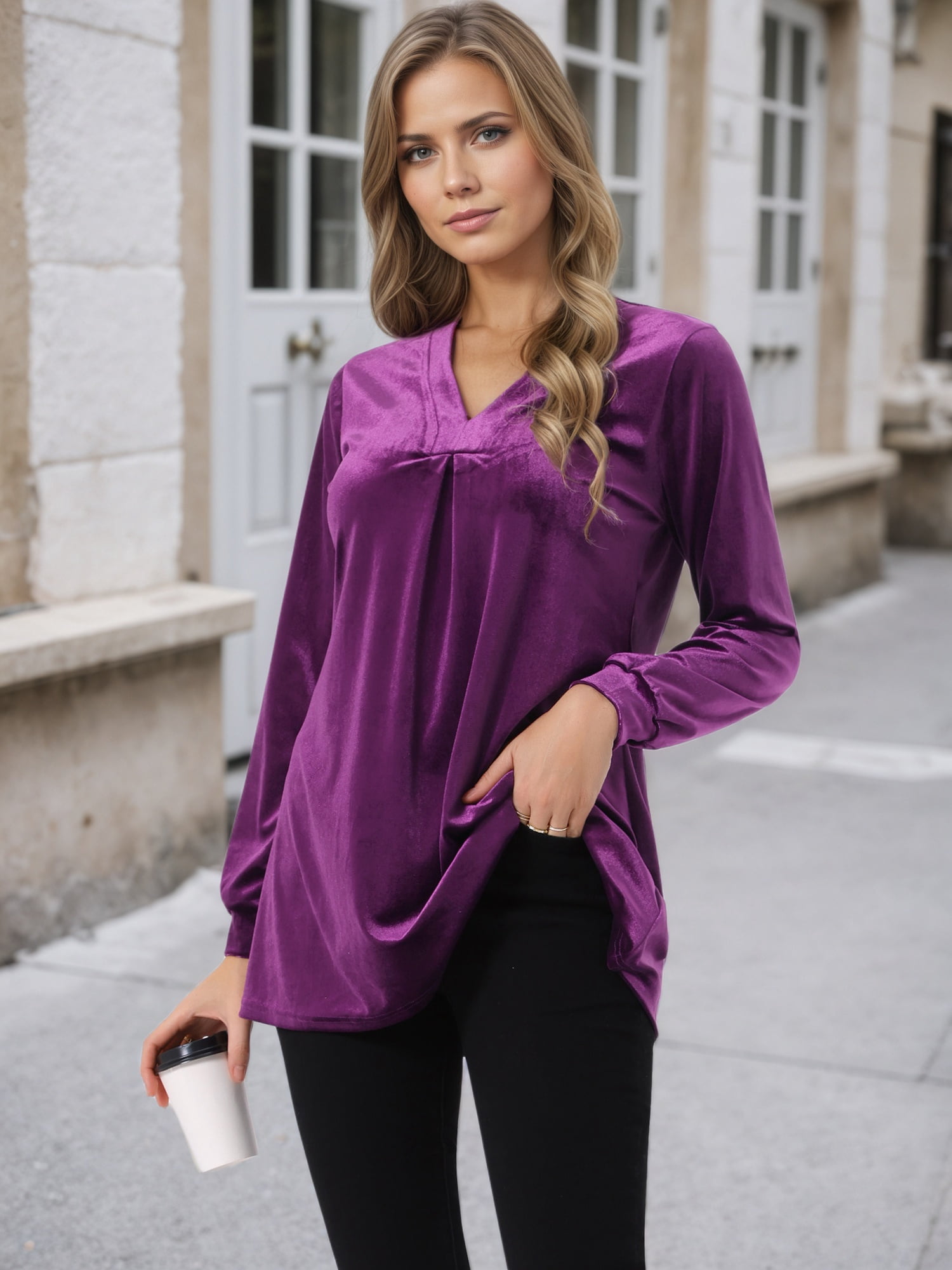 DARING DIVA Women's Velvet Top V Neck Long Sleeves Loose Blouse S Purple