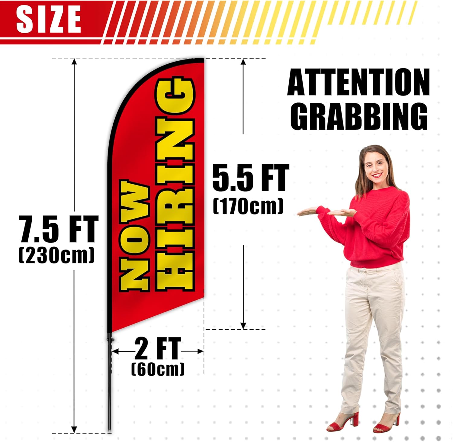 Anley 7.5 FT Now Hiring Feather Flag Banner Kit - Outdoor Swooper Advertising Flags with Pole and Stake - Job Recruitment Sign for Business, Offices, Retail Locations - Weather Resistant & Easy Setup