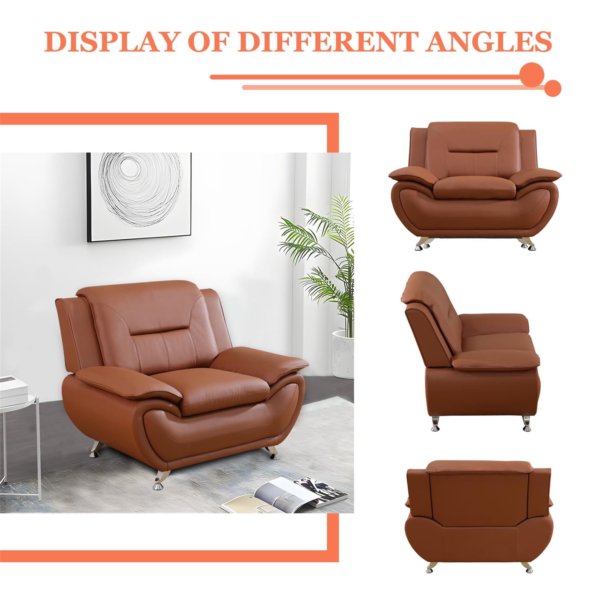 Aukfa 3 Piece Sofa Set - 46" Wide Upholstered Sofa Couch Armchair, Leather, Orange