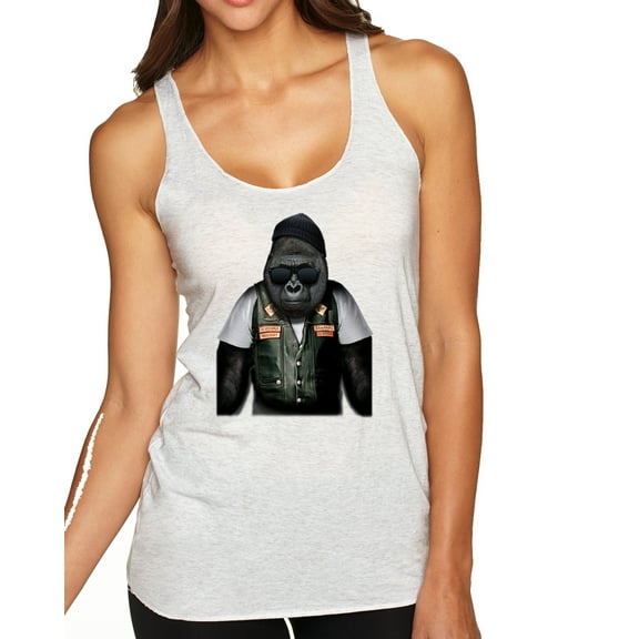 Wild Bobby, Cool Silverback Gorilla with Sunglasses and Biker Vest | Womens Animal Lover Premium Tri-Blend Racerback Tank Top, Heather White, Large