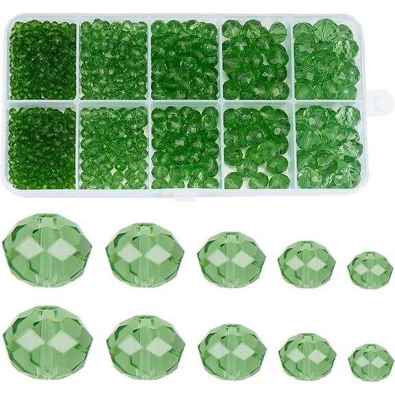 1 Box 780Pcs Green Glass Beads Crystal Glasses Beads 2mm 4mm 6mm 8mm 10mm Transparent Rondelle Faceted Spacer Beads for Jewelry Making Bracelets Necklace DIY