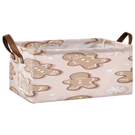 A Pattern with Adorable Gingerbread Cookies Storage Basket Soccer Plaid Fabric Hoard Box Oversized Collapsible Closet Organizer with Metal Iron Frame 16.9×11.4×7.7in