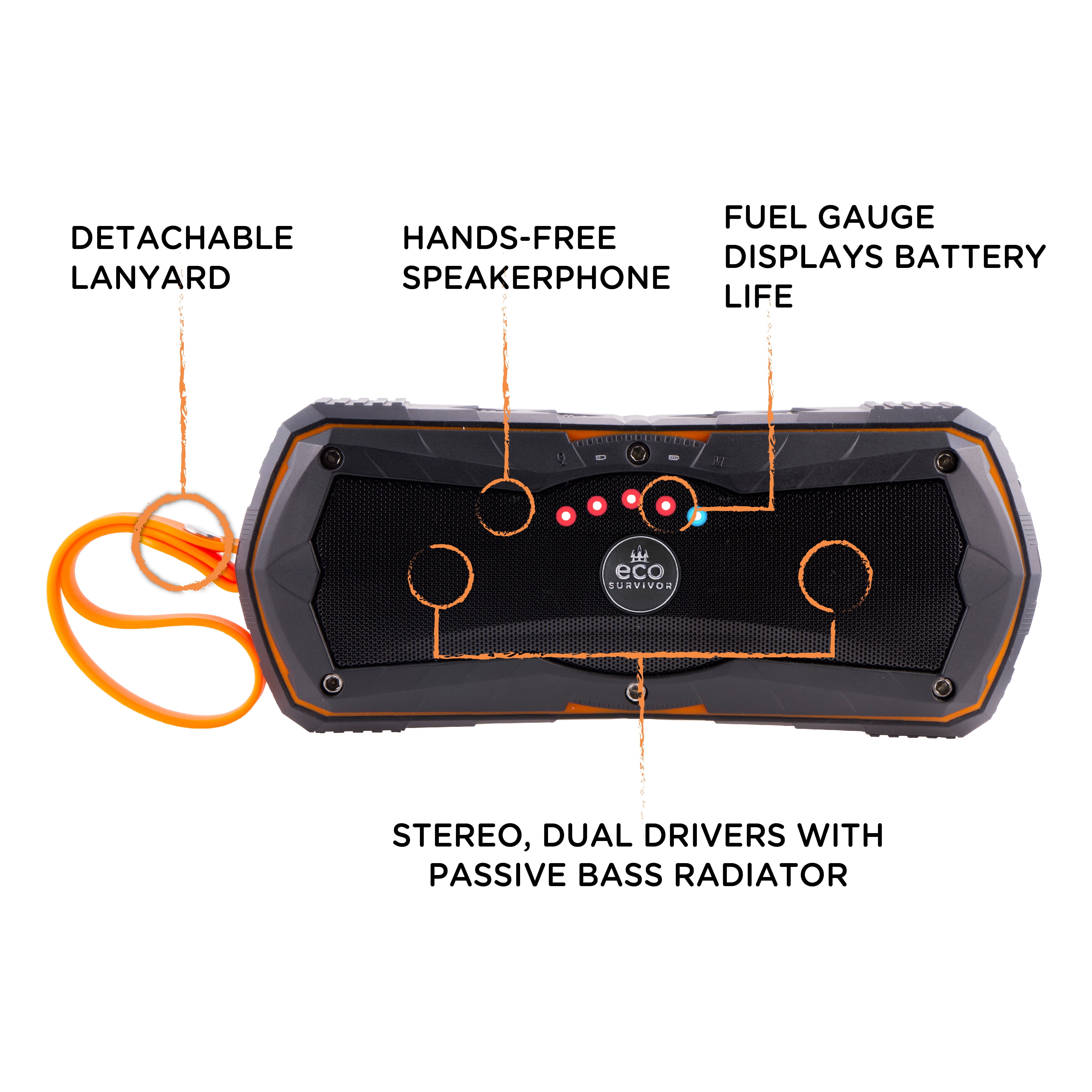 EcoSurvivor Outdoor Bluetooth Speaker, 1-Port USB, Battery Pack, Water Resistant, 34425