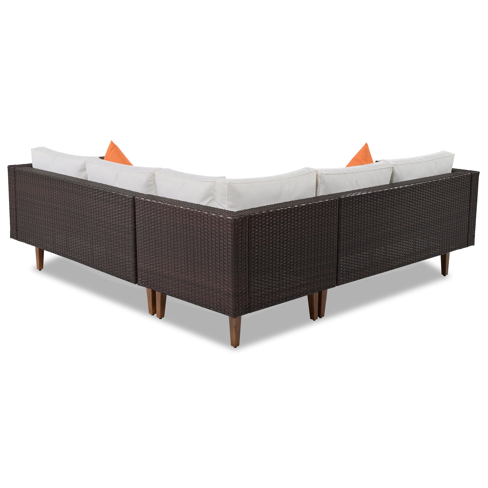 4-Pieces Outdoor Wicker Sofa Set with Coffee Table, L-Shape Patio Furniture with Colorful Pillows, White Cushions and Brown Rattan, Weather-Resistant for Garden, Balcony, Backyard
