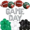 Hall & Perry Game Day Football Balloon Kit with Mylar Letters and Footballs and Latex White Green and Black Balloons