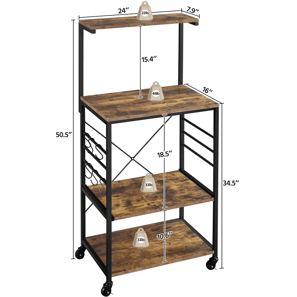 Renwick 50"H Metal Kitchen Baker's Rack with Side Hooks, Rustic Brown
