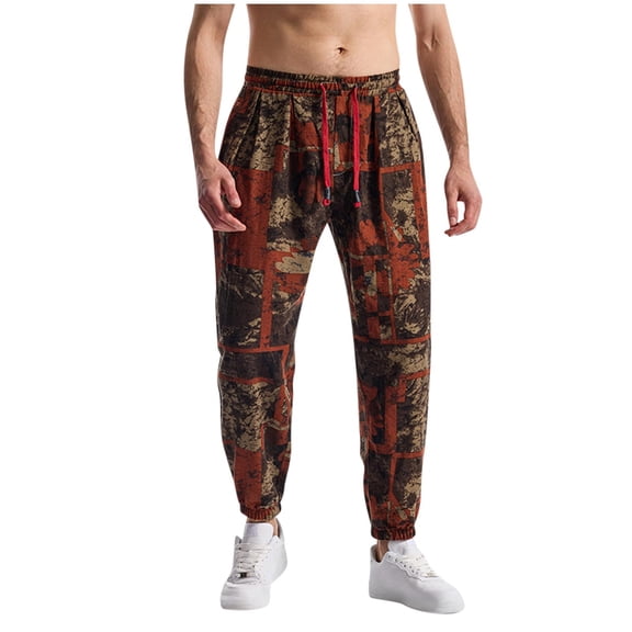 HomeGardon Linen Pants Men Casual Fashion Elastic Waist Print Trousers Elastic Bottom of A Trouser Leg Long Pants,S-XXXL