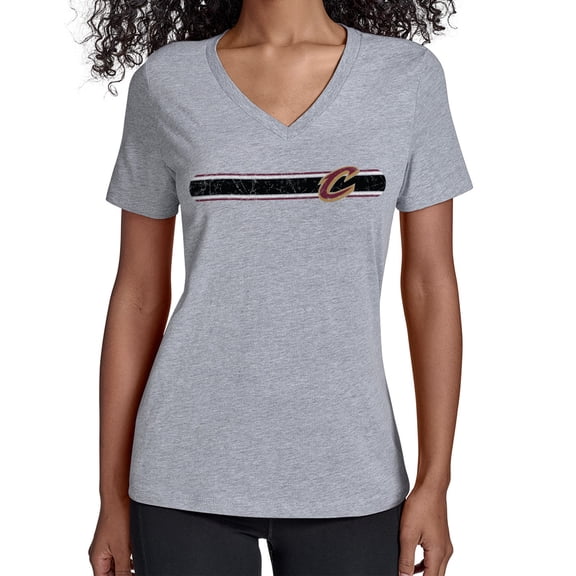 Women's Starter Gray Cleveland Cavaliers Team Stripe V-Neck T-Shirt