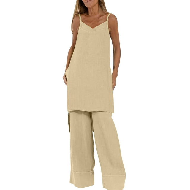 Conjunto de Pantalones Cortos de Verano con Cuello en V, Blusa sin Mangas Y Pantalones de Bolsillo Sueltos, Traje Casual de 2 Piezas para Mujeres, Conjunto de Mezcla de Algodón de Lavado a Mano