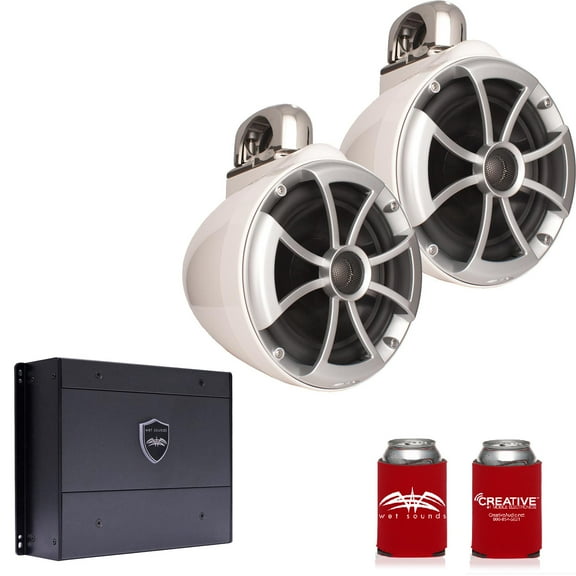 Wet Sounds ICON8W-FC 8" White Tower Speakers with Stainless Steel Fixed Clamps & SYN-DX2 750 Watt Amplifier