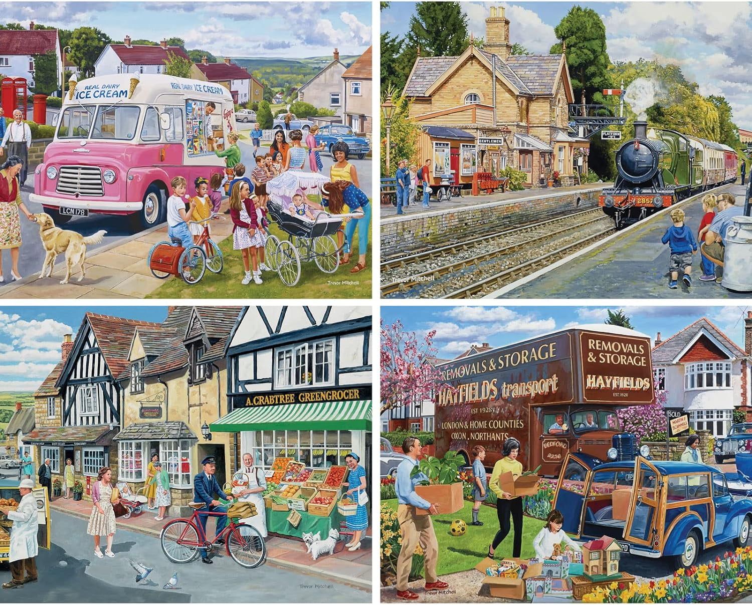 Bits & Pieces 4‑in‑1 Village Memories 300‑Pc Puzzle Set by Trevor Mitchell