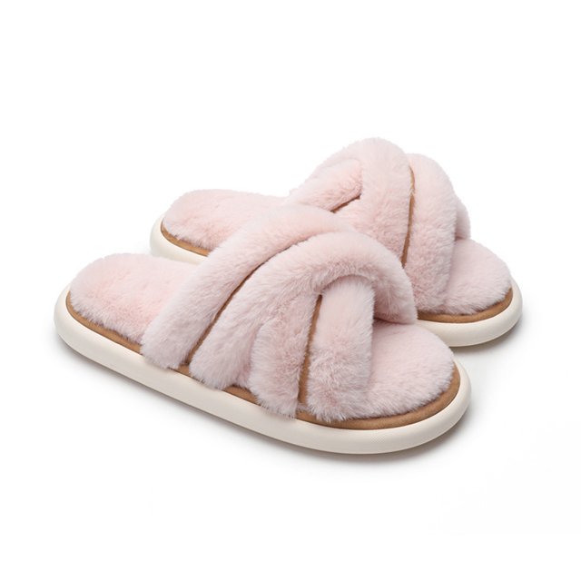 Zapatillas de mujer con banda cruzada, suaves y peludas, de felpa, cálidas, acogedoras, con puntera abierta, esponjosas, para el hogar, cómodas, para invierno, interiores y exteriores, transpirables