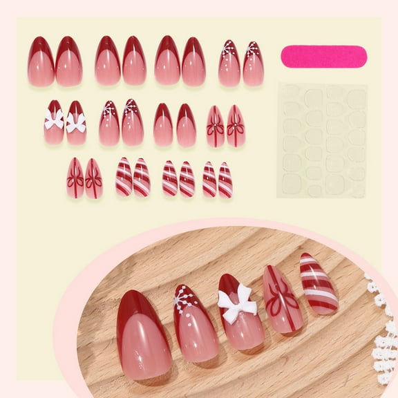 Christmas Wearable Nail Art - Red French Border with Bowknot, High - Quality False Nails