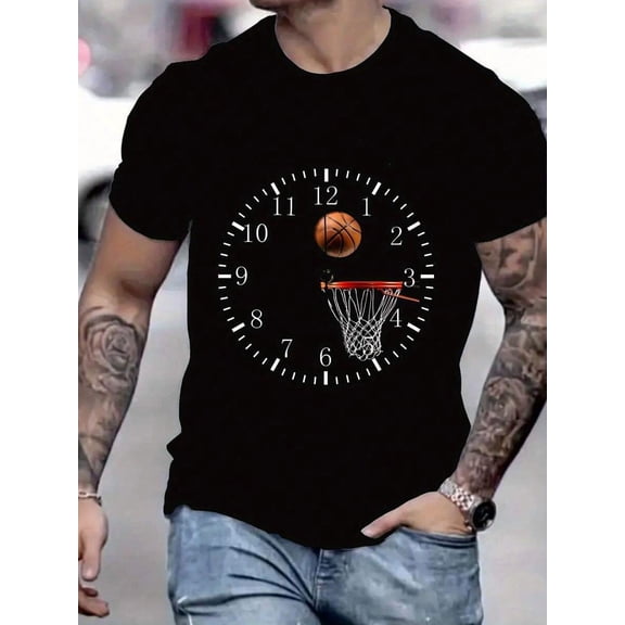 Men's Basketball Clock Pattern T-Shirt - Retro Street Style, Round Neck, Short Sleeve Black Tee for Summer