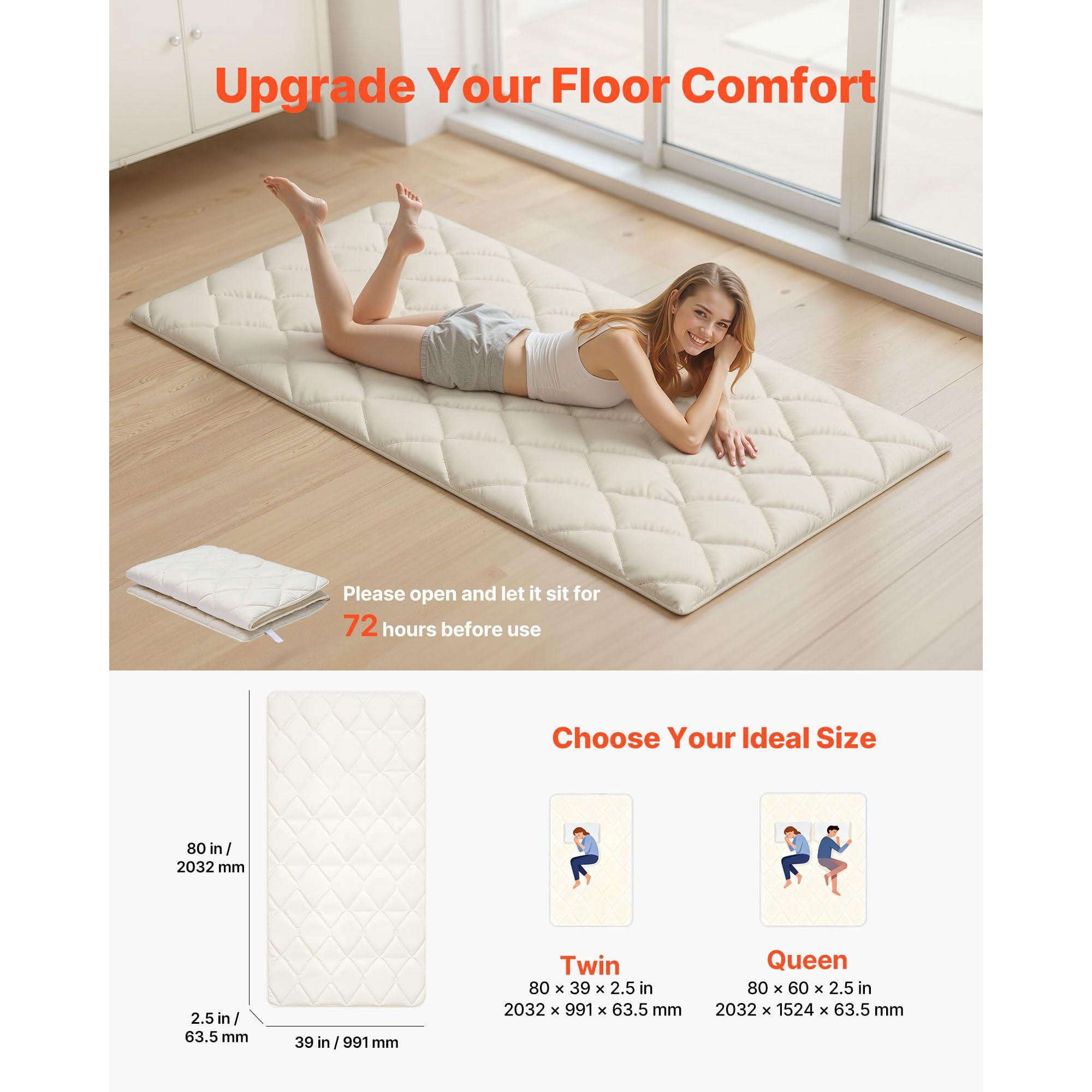Japanese Tatami Mat Twin Size 80x39x2.5", 9-Layer Support, Memory Foam, Storage Bag, for Floor Sleeping Meditation Yoga