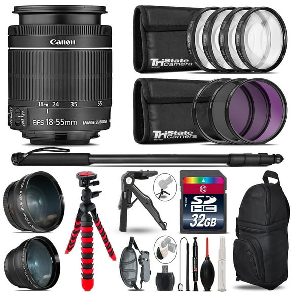 Canon 18-55mm IS STM - 3 Lens Kit + Tripod + Backpack - 32GB Accessory Bundle (International Version)