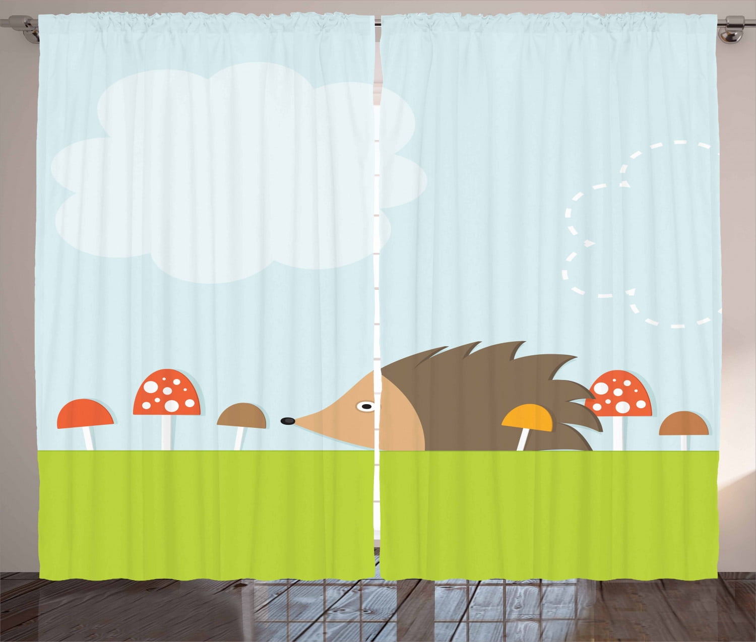 Hedgehog Curtains 2 Panels Set, Animal in the Mushroom Field Woodland  Wildlife Cartoon Nursery Theme, Window Drapes for Living Room Bedroom, 108W  X 90L Inches, Baby Blue Green Brown, by Ambesonne -