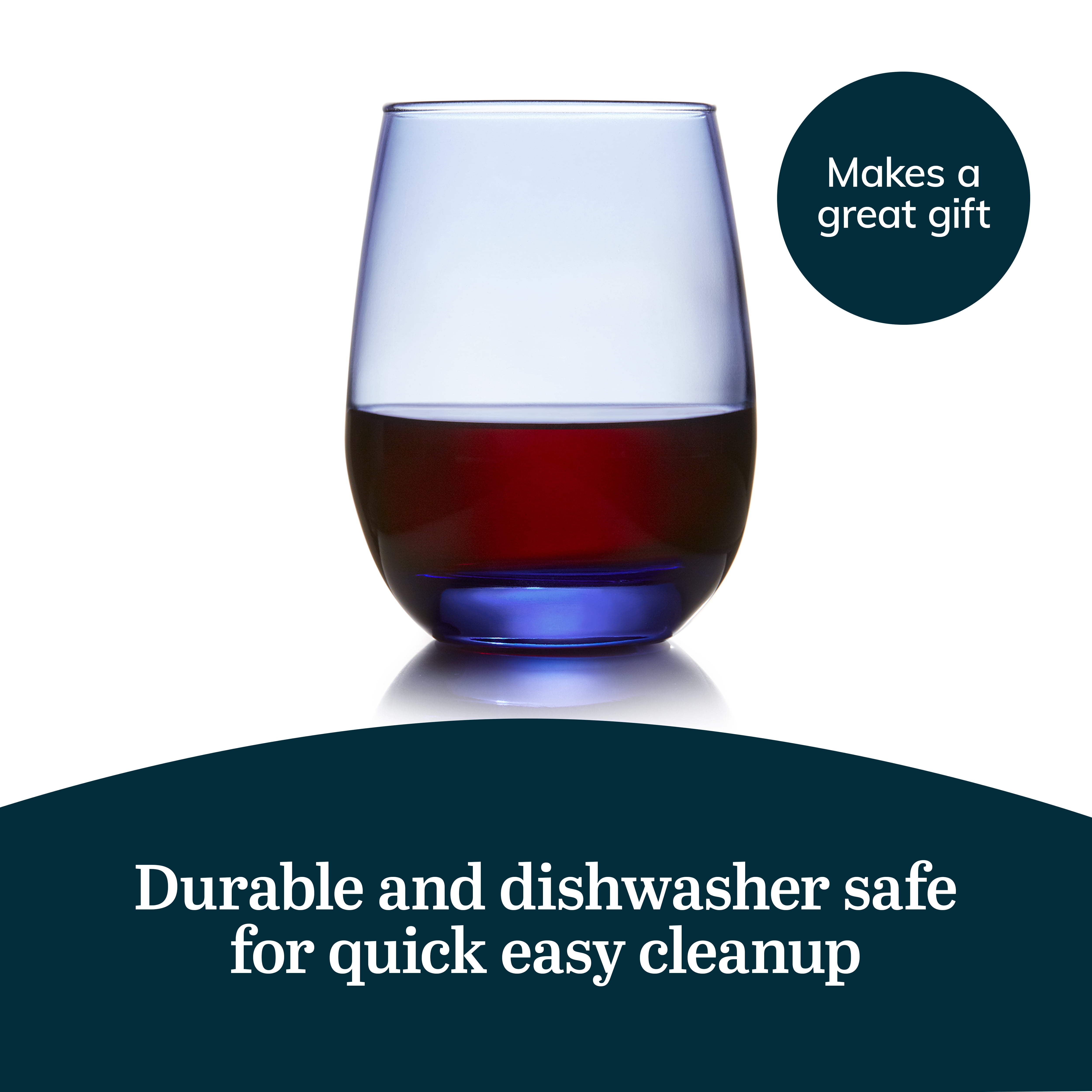 Libbey Classic Blue All-Purpose Stemless Wine Glasses Set 6, Timeless Wine Cups Set of 6, 15.25 Oz, Wine Glass Set for Dinners, Weeknights