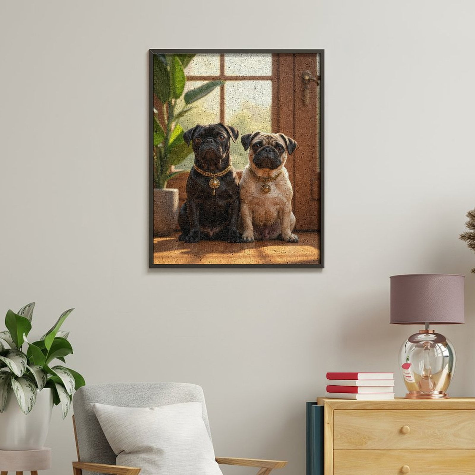 Paint By Numbers Kit for Adults Beginner - DIY Pug Pair Adorned Elegance Sunlit Room Canvas Painting Kits for Adults, Frameless Paint By Number for Adults for Home Wall Decor 16x20 Inch