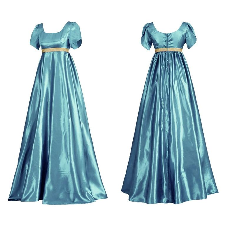 Nerohusy Regency Era Satin Sash Dresses for Women Renaissance Vintage Dress Empire Waist Victorian Tea Party Cosplay Ball Gown Light Blue,M, Women's,