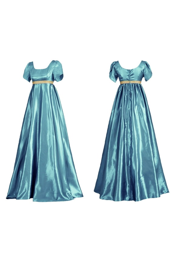 Regency Satin Sash Dresses for Women Elegant Empire Waist Dress Plus Size Medieval Renaissance Victorian Dress Ruffled Puff Sleeve Gown Dresses Light Blue XL