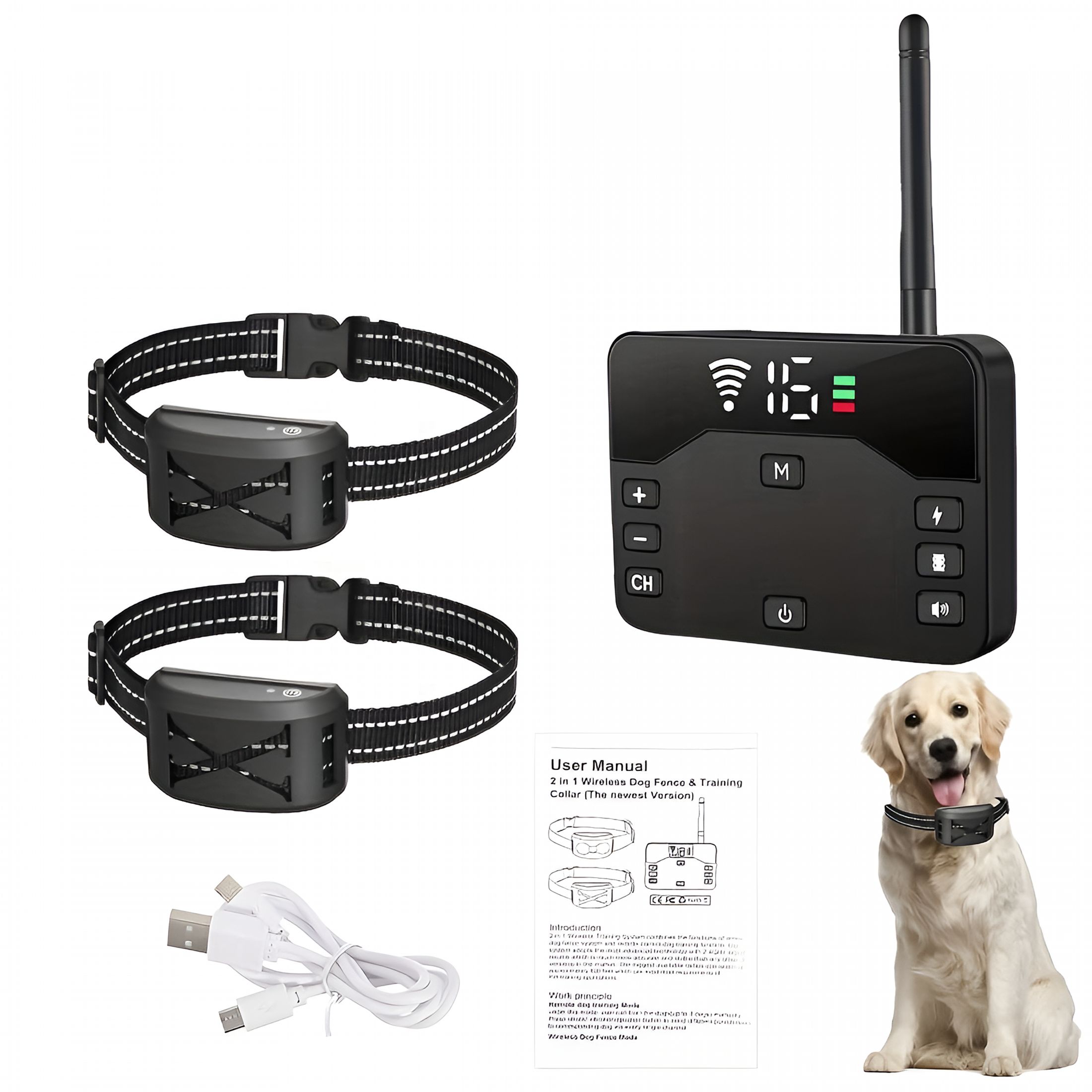 GJX Upgraded Wireless Dog Fence System with 9-Level Remote Control for Three Dog Leashes, Electric Dog Fence and Training Collar, Adjustable Wireless Dog Boundary Containment System