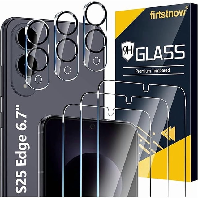 ccwonima 3 Pack for Samsung Galaxy S25 Edge Screen Protector Tempered Glass + 3 Pack Camera Lens Protector, Military Grade Shatterproof, 9H Hardness, Fingerprint Unlock, Case Friendly 6.7 Inch
