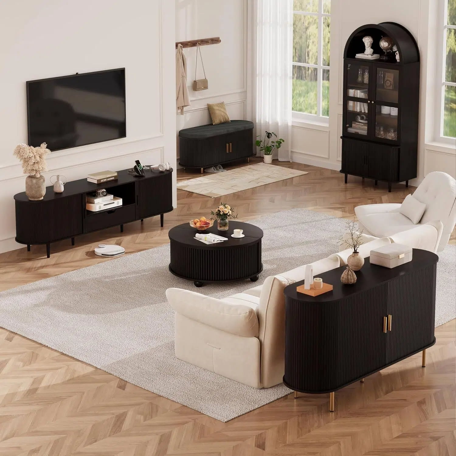 AISWORD 31.5" Fluted Round Coffee Table with Storage, Mid Century Modern Lift Top Drum Accent Table for Living Room Small Space, Brown