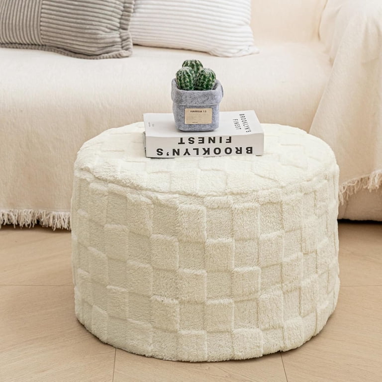 Round Pouf Ottoman Boho Poof Home Decor Floor Pouffe Ottoman Foot Rest for Couch Sofa Bean Bag Chairs Living Room Bedroom 20 x 20 x 14 Inches Ivory Checkered Pouf with Filler