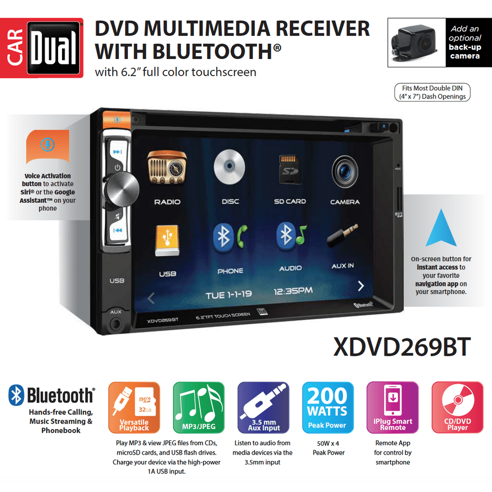 Dual Electronics XDVD269BT 6.2inch Multimedia Touch Screen Double DIN