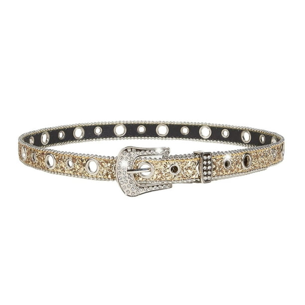 Cinturón de piel sintética con diamantes de imitación para mujer, con hebilla para pantalones y faldas. Dorado