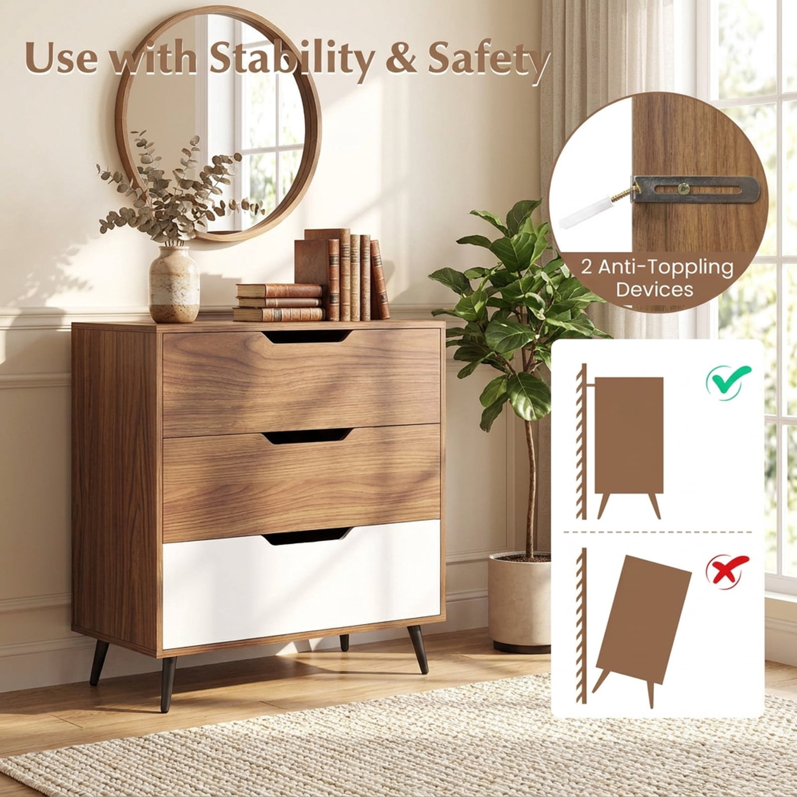 Furnibear 3-Drawer Rustic Farmhouse Wooden Storage Dresser for Bedroom Closet Living Room Nursery Clothes Storage, Walnut