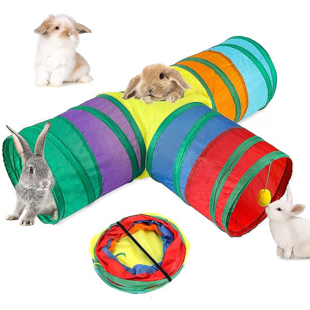 Túnel de conejo y manguera plegable de 3 vías, túnel de actividad de Animal pequeño para ocultar conejo, juguete adecuado para conejito enano, conejo, conejillo de indias, gatito Feliz Sencillez