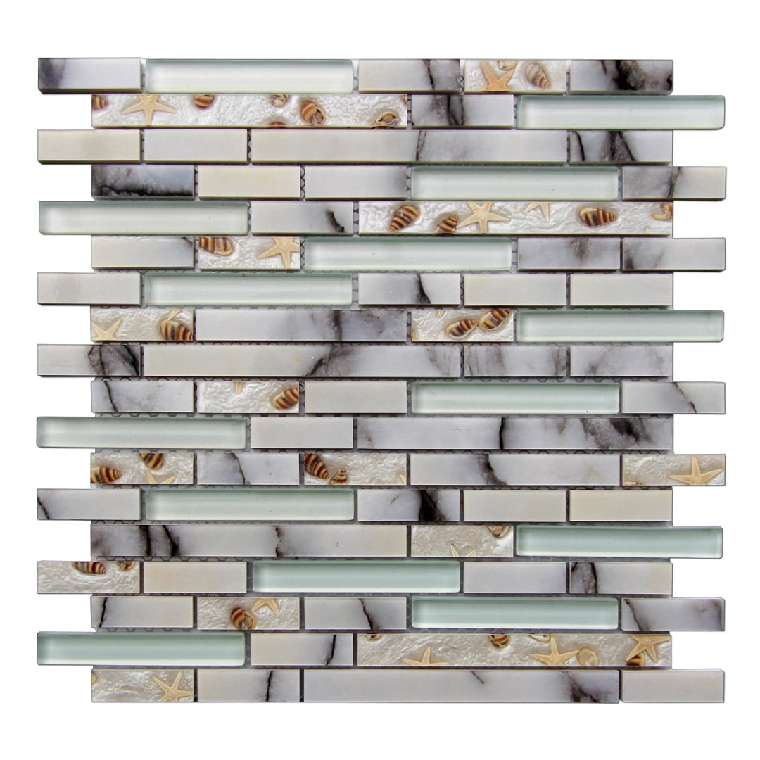 Art3d Oblong Teal Beige 12 in. x 12 in. Glass Stone Mosaic Backsplash