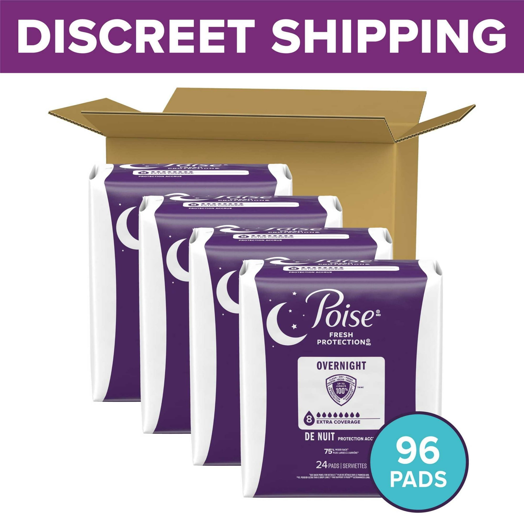 Poise Overnight Incontinence & Postpartum Pads for Bladder Leaks, 8 Drop Extra Coverage, 96 Count (4 Packs of 24), Packaging May Vary