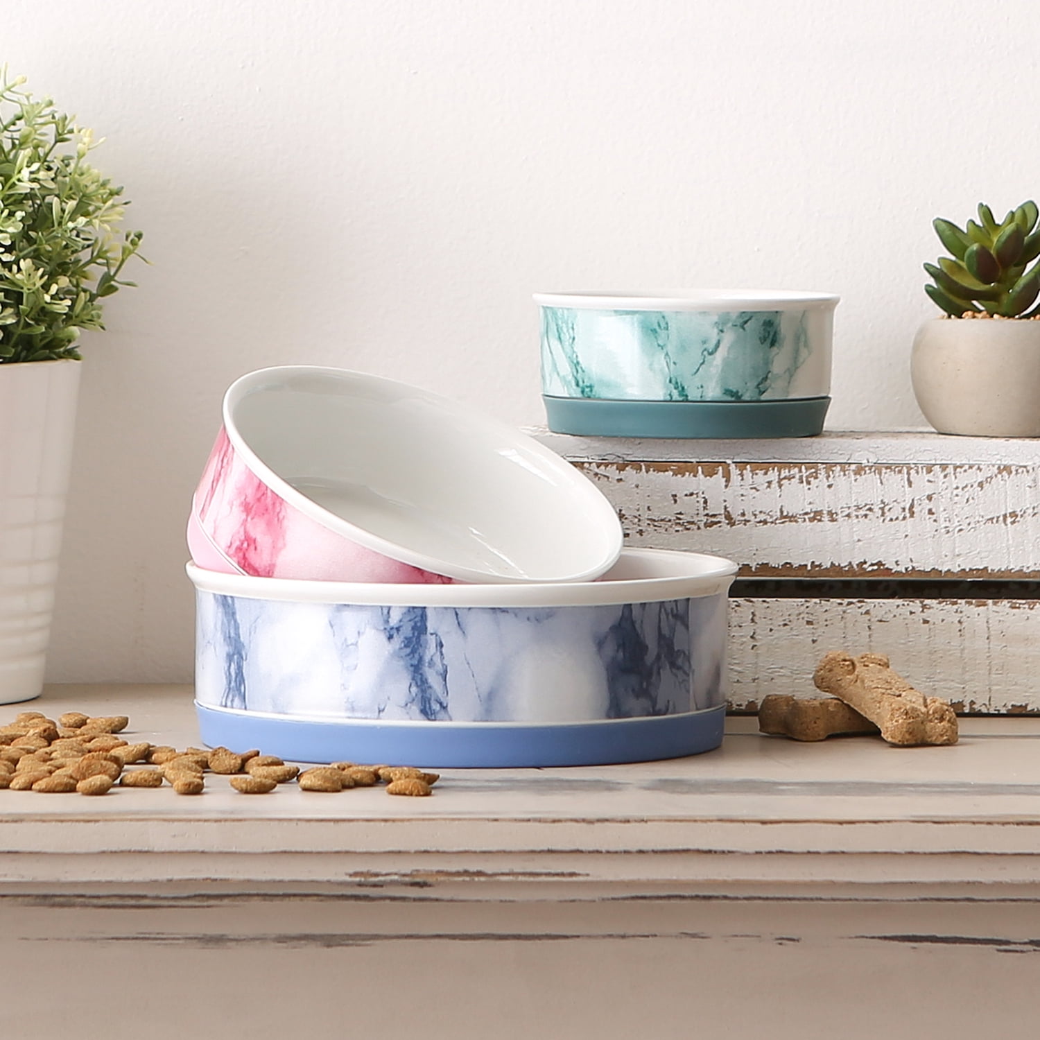 Bone Dry Ceramic Marble, Pet Bowls, Dishwasher Safe, Large, 7.5x2.4", Pink, 2 Count
