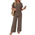 thumbnail image 3 of WIHOLL Two Piece Sets for Women Vacation Spring Outfits Summer Casual Trendy Cozy Rolled Short Sleeve Wide Leg Pants Sweatsuit, 3 of 10