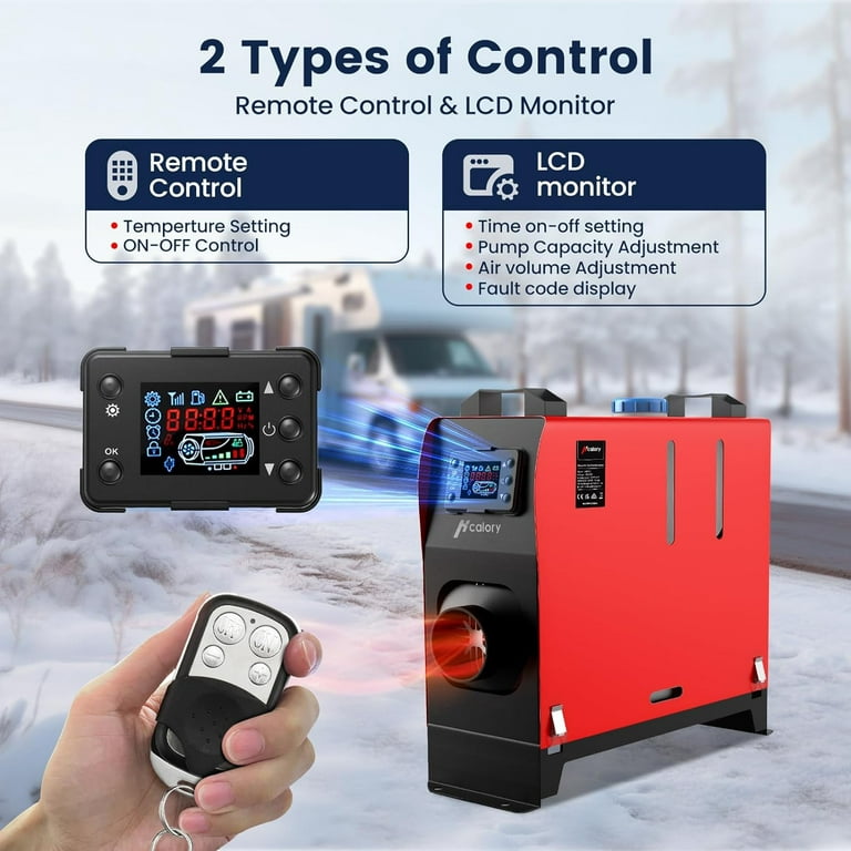 HCALORY Diesel Air Heater, 12V 5KW-8KW All in One Single Hole Adjustable  Parking Heater with Black Digital Switch & Muffler & Remote Control for Car