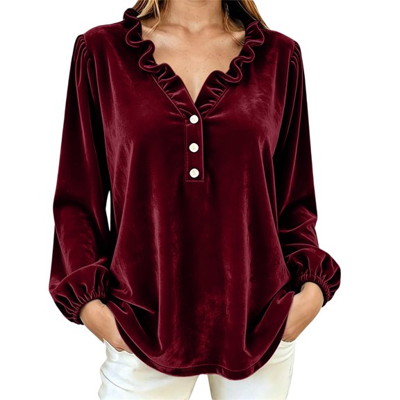 NominalSnug Women's Velvet Tops Ruffle V Neck Dressy Casual Blouse Long Sleeve Top Elegant Vintage Party Shirt for Fall Winter
