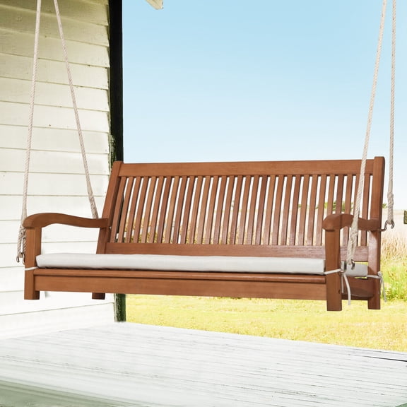 Spaco 2-Person Hanging Porch Swing Wood Bench, Swing Bench with Cushion Curved Back, Well-Constructed Swing Bench for Outdoor as Garden, Patio, Natural