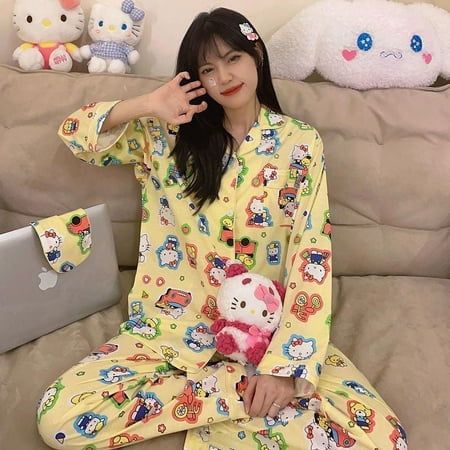 

Sanrio Cartoon pajama set female sweet Kitty The New spring and autumn cardigan long sleeves two piece set kawaii loungewear