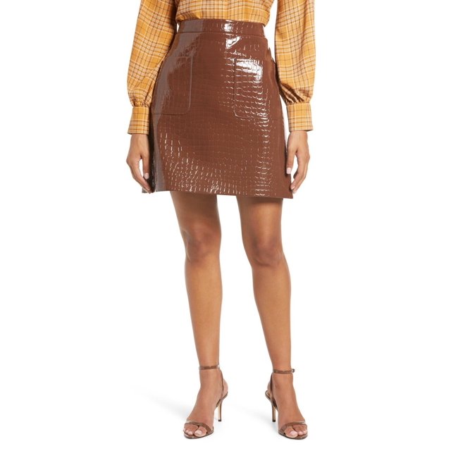 Halogen X Atlantic Pacific Croc Embossed Faux Leather Miniskirt - Brown - Large