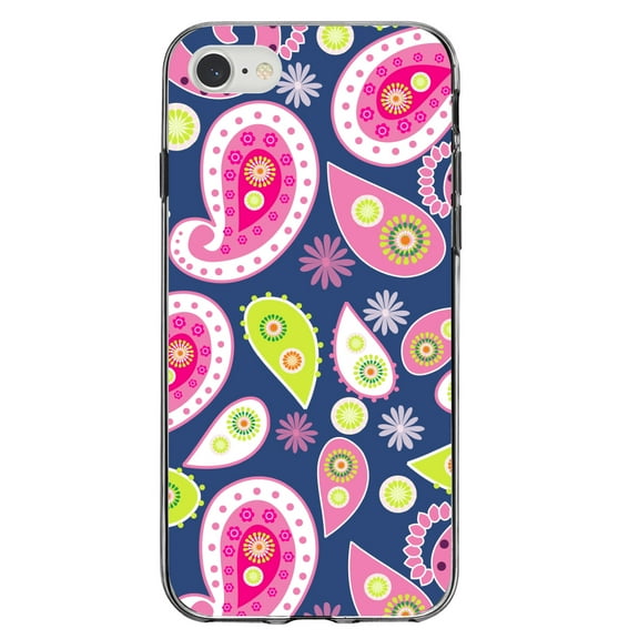 DistinctInk Clear Shockproof Hybrid Case for iPhone 7 8 SE (2020 Model) 4.7" Screen TPU Bumper Acrylic Back Tempered Glass Screen Protector - Pink Green Navy Paisley