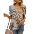 thumbnail image 4 of USSUMA T-Shirts for Women Trendy Floral Marble Print Women's Shirts and Blouses Puff Sleeve Female Tops Dressy Casual Summer Ruched Elegant V Neck Plus Tunics Beach, 4 of 8