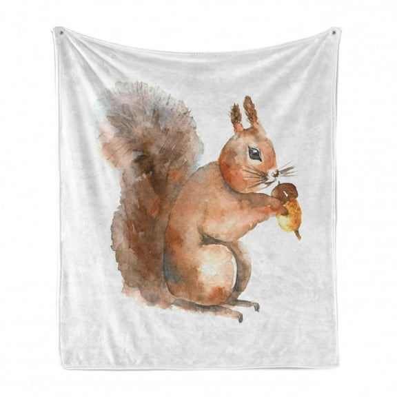 Squirrel Soft Flannel Fleece Throw Blanket, Watercolor Style of a Woodland Rodent Animal Holding a Hazelnut, Cozy Plush for Indoor and Outdoor Use, 50" x 70", Brown Peach and White, by Ambesonne