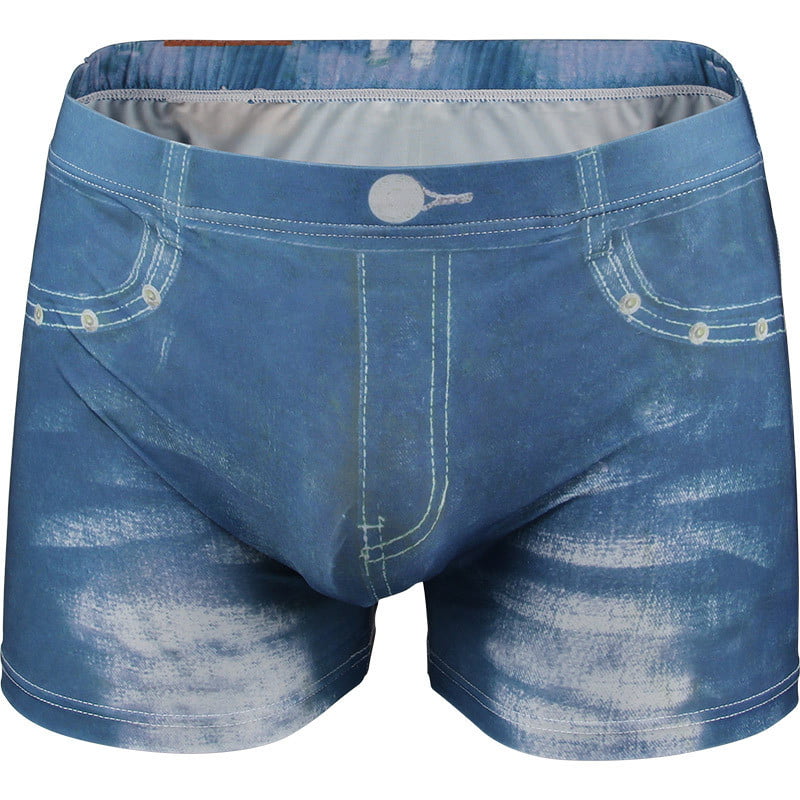 Mens Sexy Smooth Shorts Fake Denim Jeans Printed Elastic Boxer Briefs  Underwear - Helia Beer Co