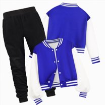 CAICJ98 Boys' Girls' 2 Piece Outfits Toddler Sweatsuit Color Block Long Sleeve Button Down Varsity BaseBall Bomber Jackets and Pants Set (Blue,13-14 Years)