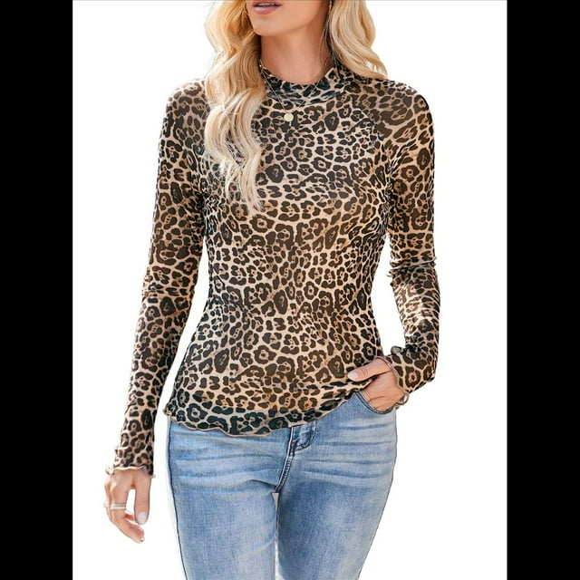 Top de Larga con Encaje Floral y Cuello Alto para Mujer Caqui XXL