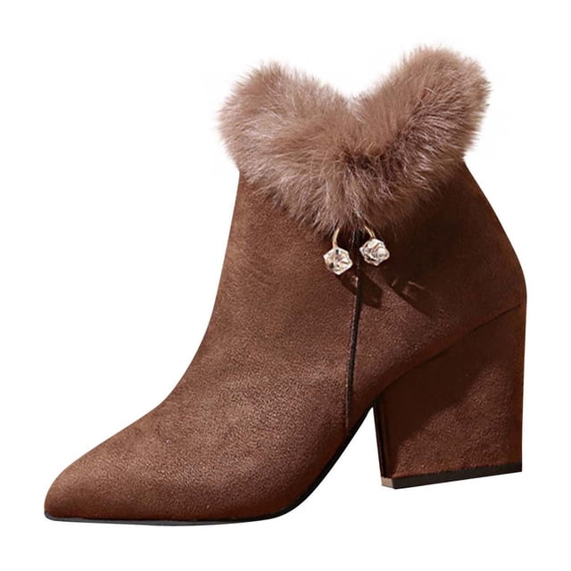 Bottines pour Femmes, Bout Pointu en Daim avec Talon Épais et Détail en Strass pour Mode Automne Hiver